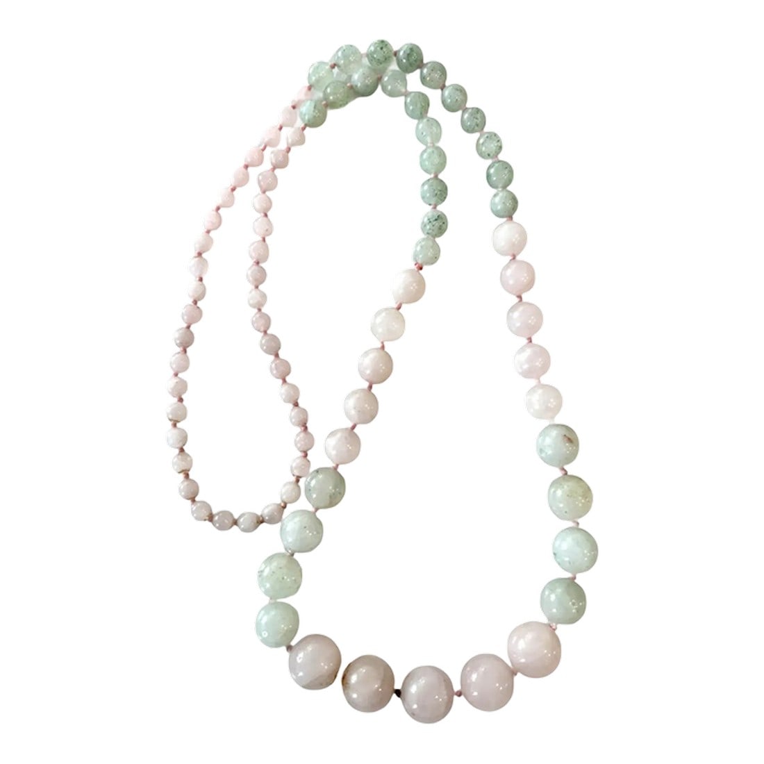 Vintage Rose Quartz and Jade Beaded Necklace - 29": A beautiful two toned hand strung and hand tied beaded necklace made from rose quartz and jade. The milky pink and green tones are subtle and feminine. Looks stunning on a white blouse or dress. 