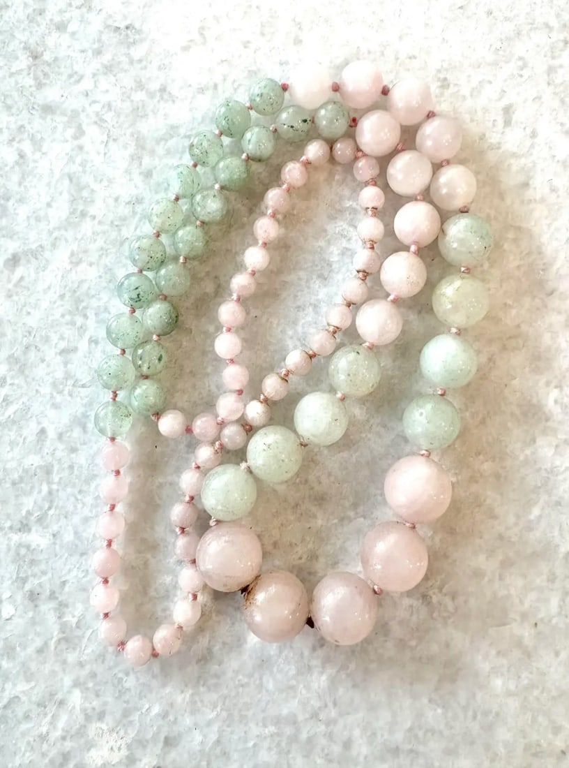 Vintage Rose Quartz and Jade Beaded Necklace - 29" - 2