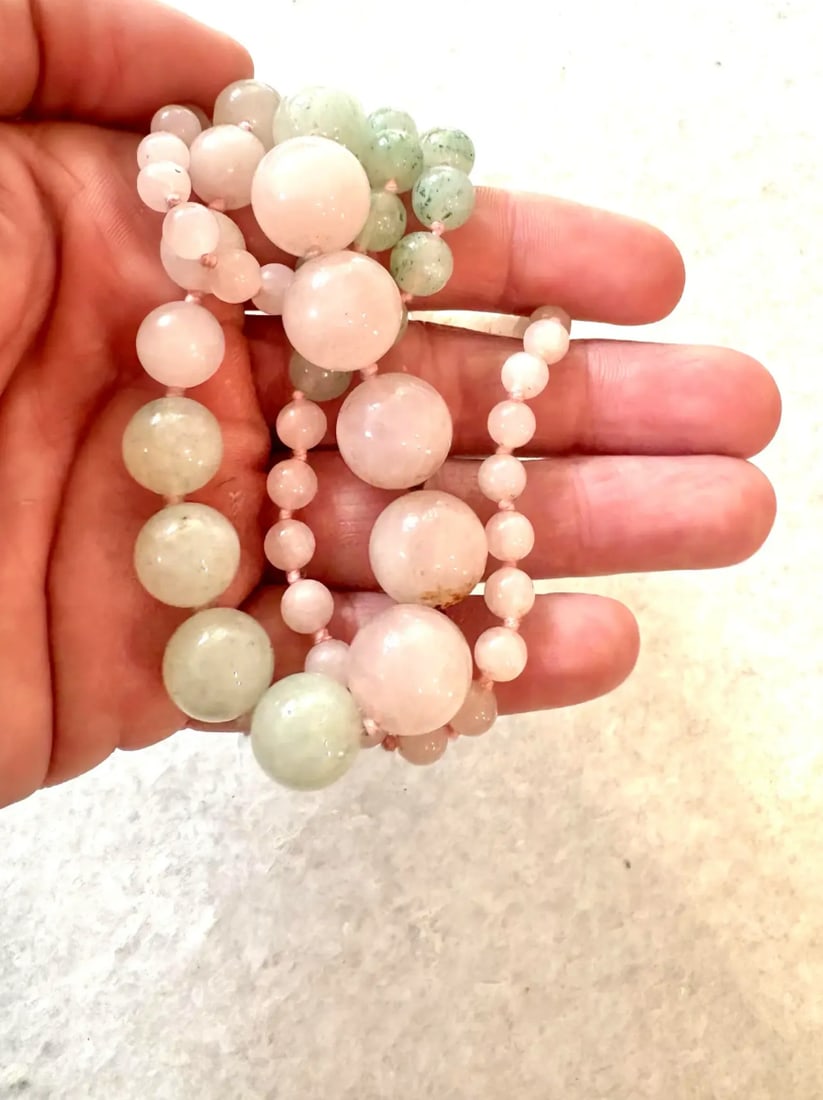 Vintage Rose Quartz and Jade Beaded Necklace - 29" - 3