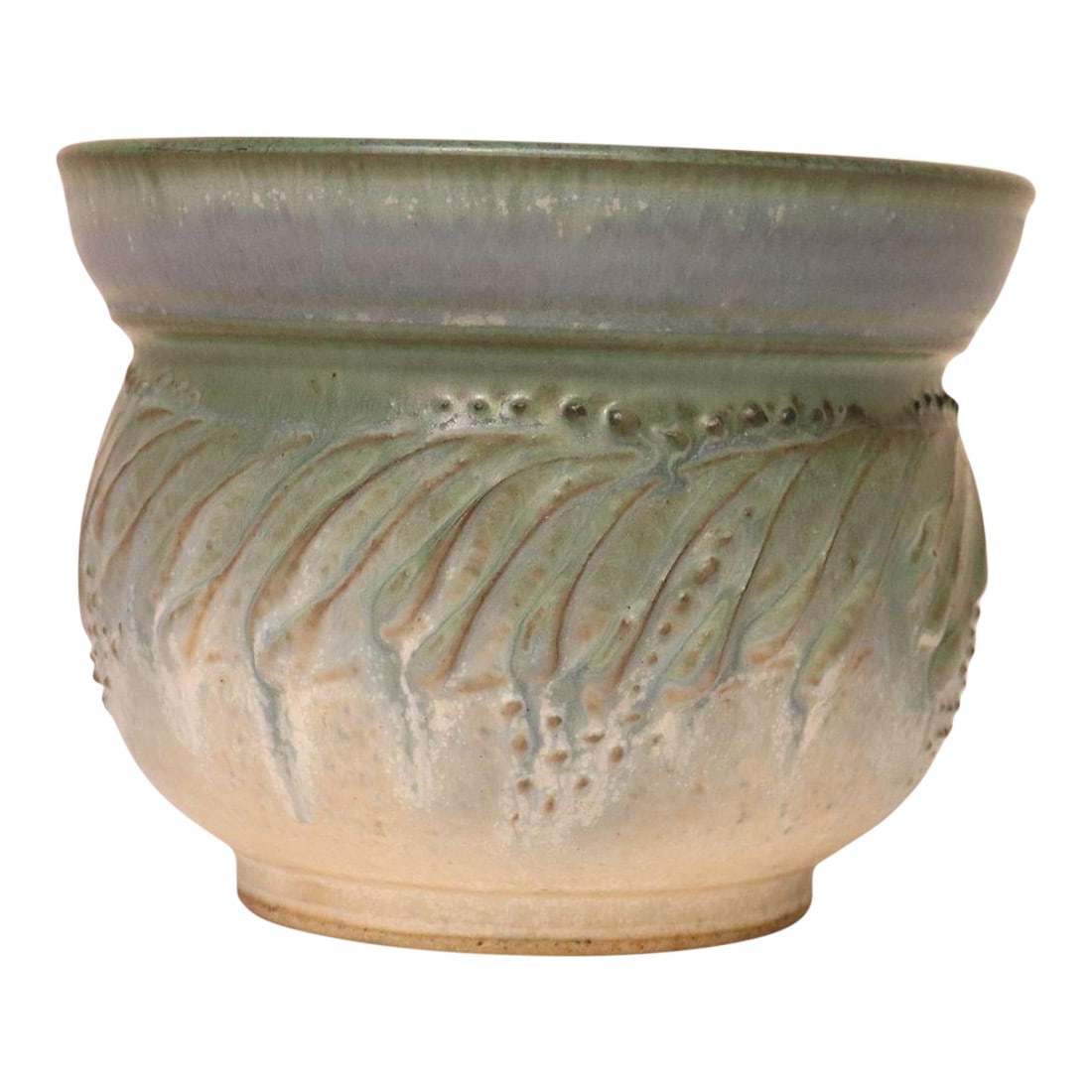 Petite Vintage Green and Blue Incised Ceramic Planter Vase by Deanna Nichols: Small studio ceramic planter by ceramicist, Deanna Nichols (b. 1942-2017, Missouri). Holding a BFA from Kansas City Art Institute (1965) and an MFA form Claremont Graduate University in California