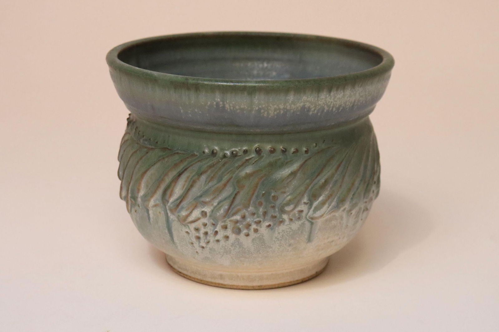 Petite Vintage Green and Blue Incised Ceramic Planter Vase by Deanna Nichols - 2