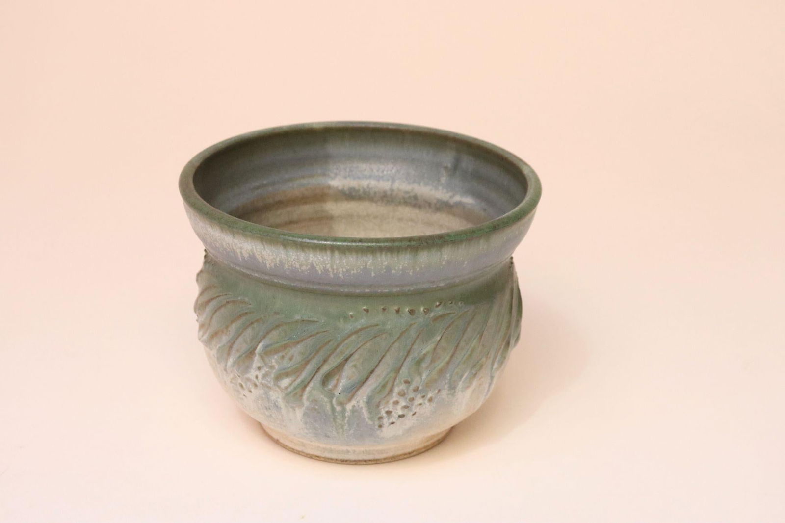 Petite Vintage Green and Blue Incised Ceramic Planter Vase by Deanna Nichols - 3