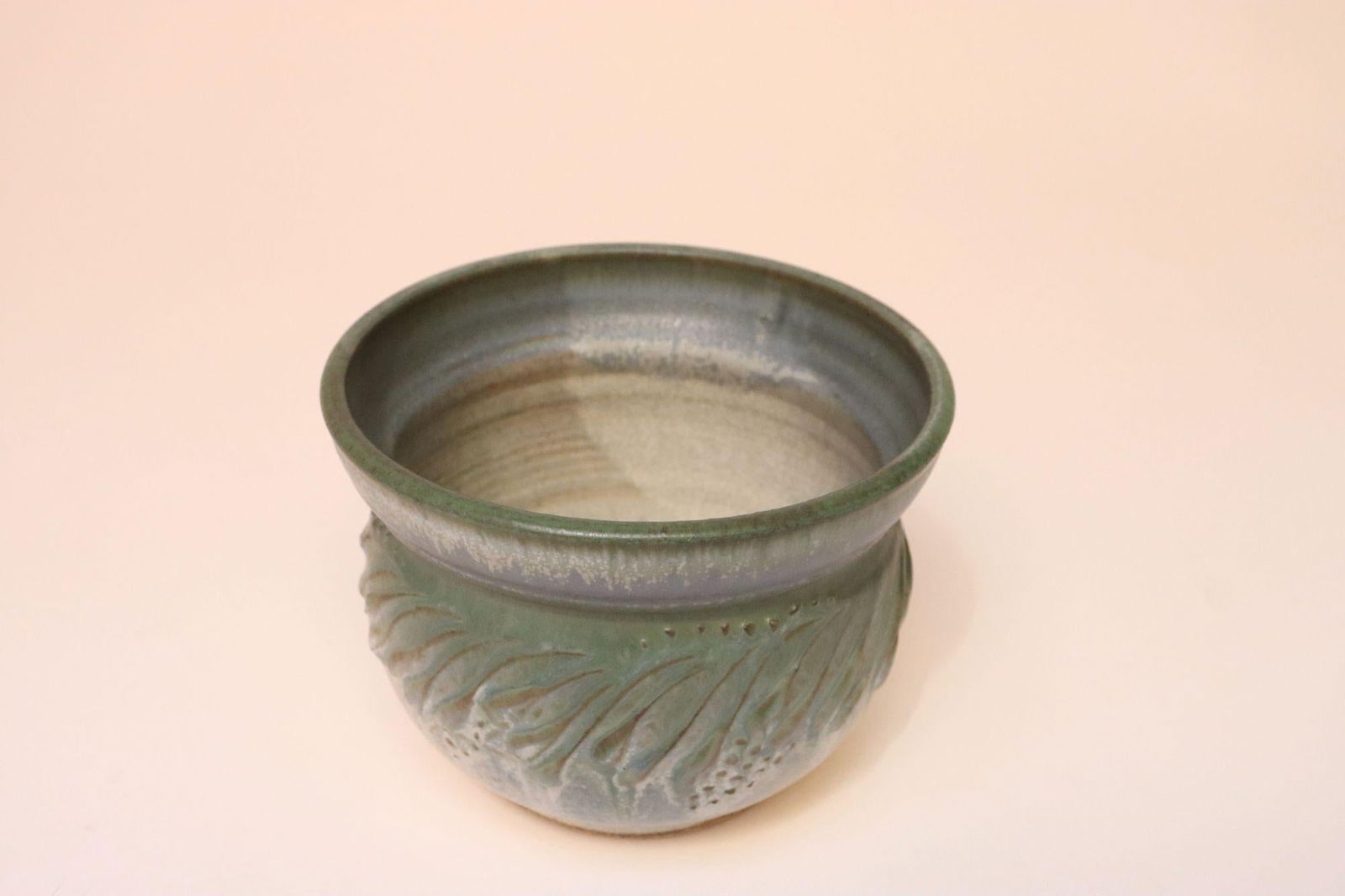 Petite Vintage Green and Blue Incised Ceramic Planter Vase by Deanna Nichols - 4