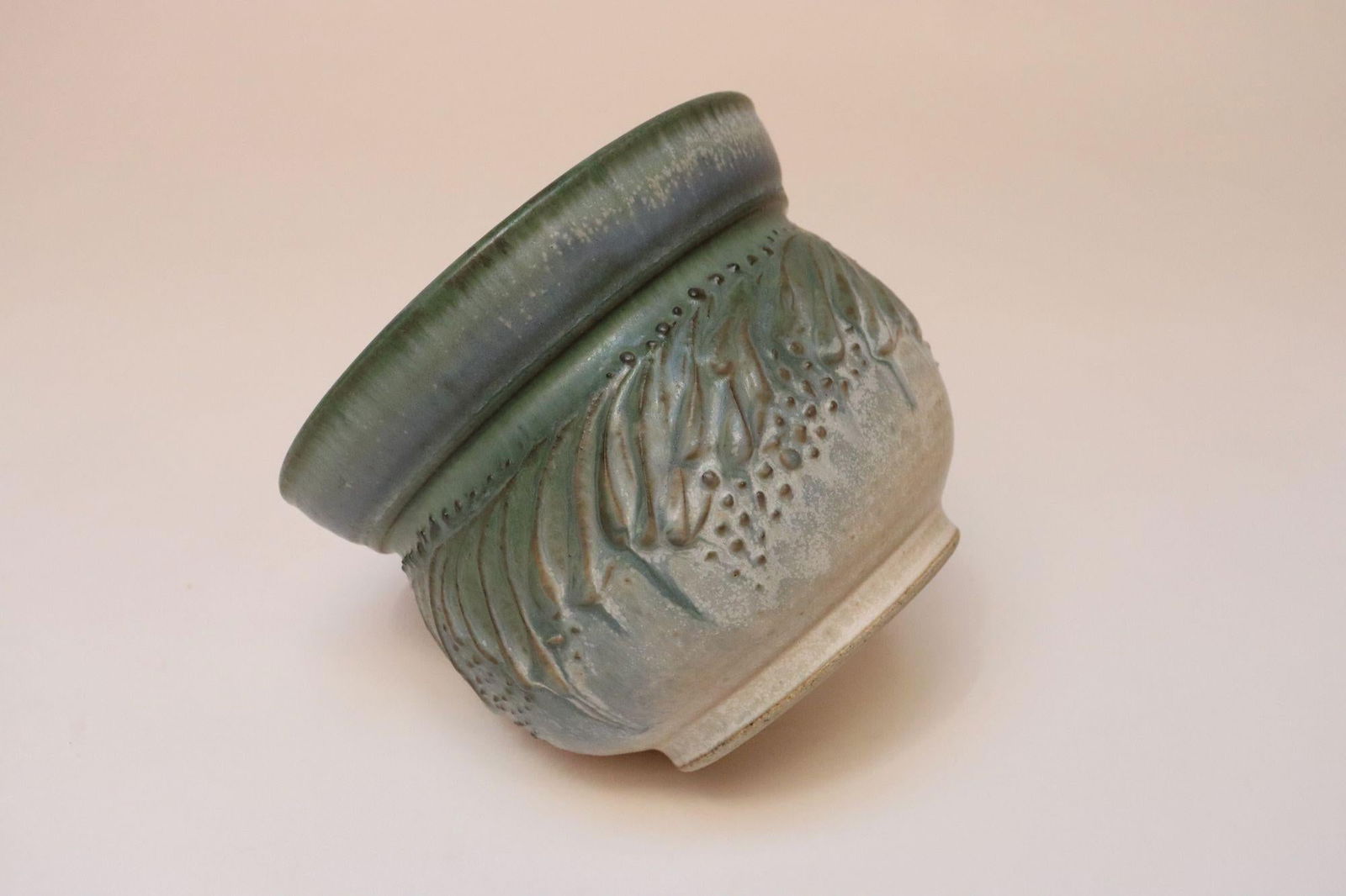 Petite Vintage Green and Blue Incised Ceramic Planter Vase by Deanna Nichols - 5