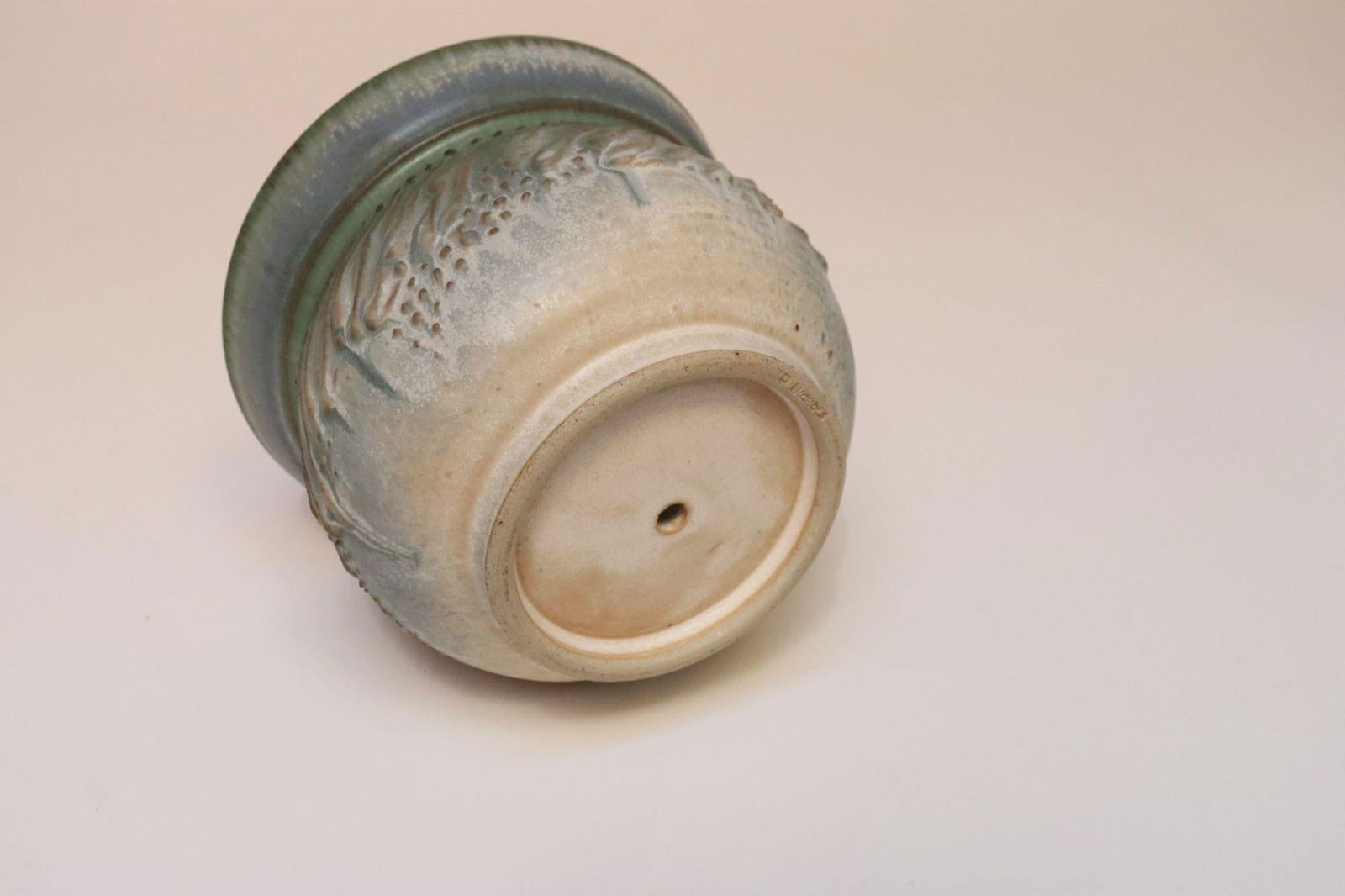 Petite Vintage Green and Blue Incised Ceramic Planter Vase by Deanna Nichols - 6