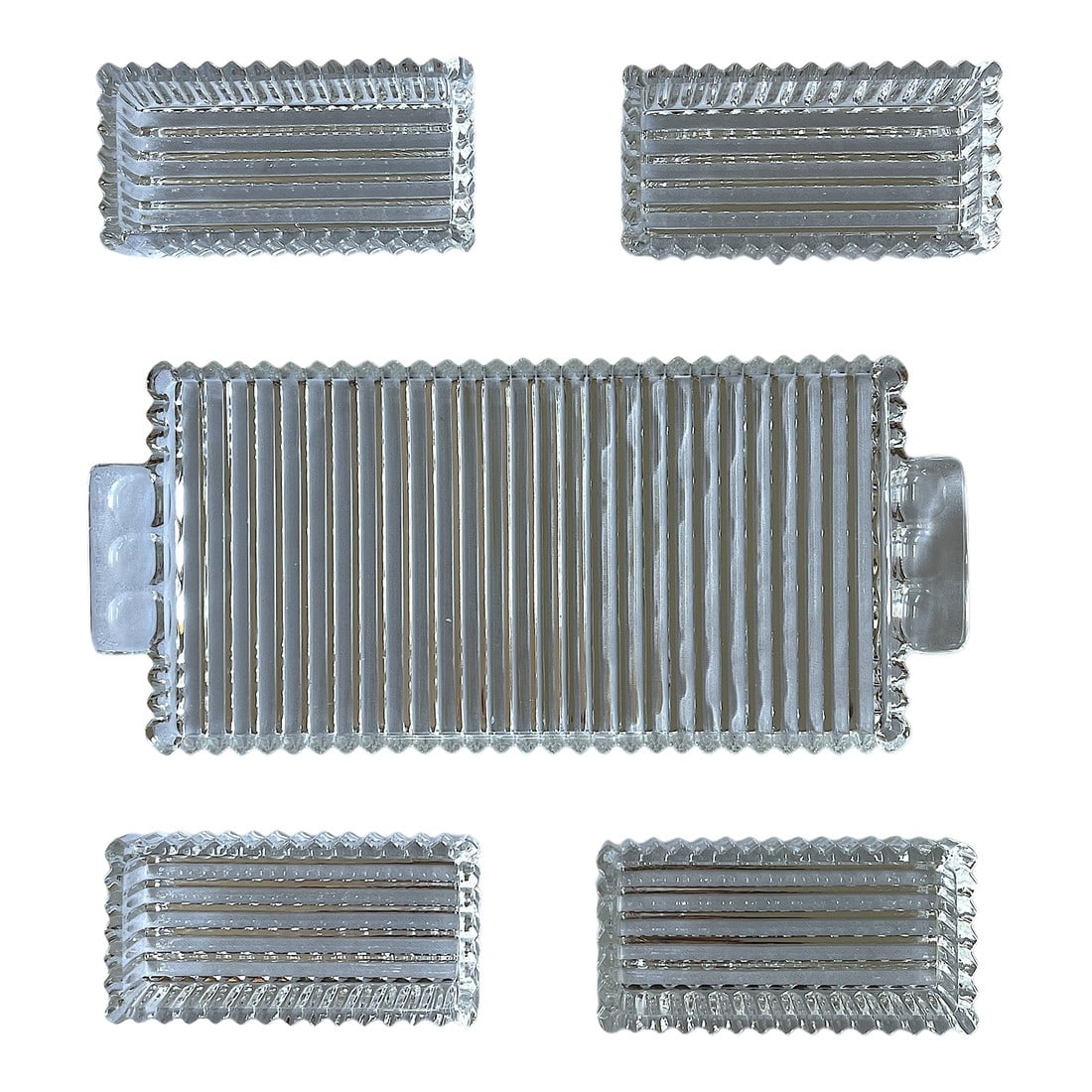 Mid 20th Century Mid 20th Century Indiana Glass "Colony Park" Ribbed Pressed Glass Relish Tray With: Elegant mid-century pressed glass relish tray features a rectangular handled base fitted with four removable insert dishes. Rendered in clear ribbed glass with crisp vertical fluting and a decorative