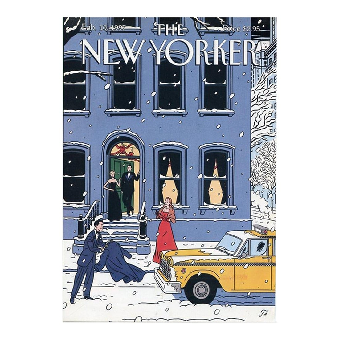 1997 Vintage New Yorker Cover, February 10, Jean-Claude Floc'h Illustration, New York City, Snowstor: Original vintage New Yorker magazine cover dated February 10, 1997 featuring a New York City and Snowstorm theme. Cover illustration by Jean-Claude Floc'h. This is an authentic New Yorker magazine
