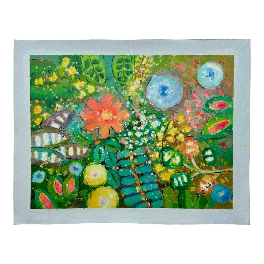 Vibrant Abstract Floral Painting on Canvas, Unstretched, by Youn Cho: Original oil on canvas on unstretched canvas, measuring 16 x 12". This is an original floral oil painting on canvas signed by artist Youn Cho. She is known for her vivid and spontaneous artistic