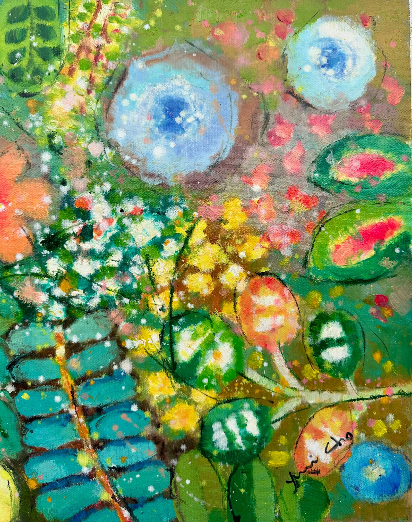 Vibrant Abstract Floral Painting on Canvas, Unstretched, by Youn Cho - 2