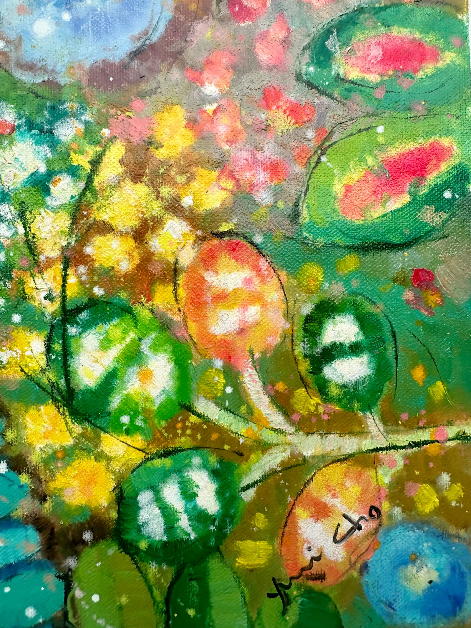 Vibrant Abstract Floral Painting on Canvas, Unstretched, by Youn Cho - 3