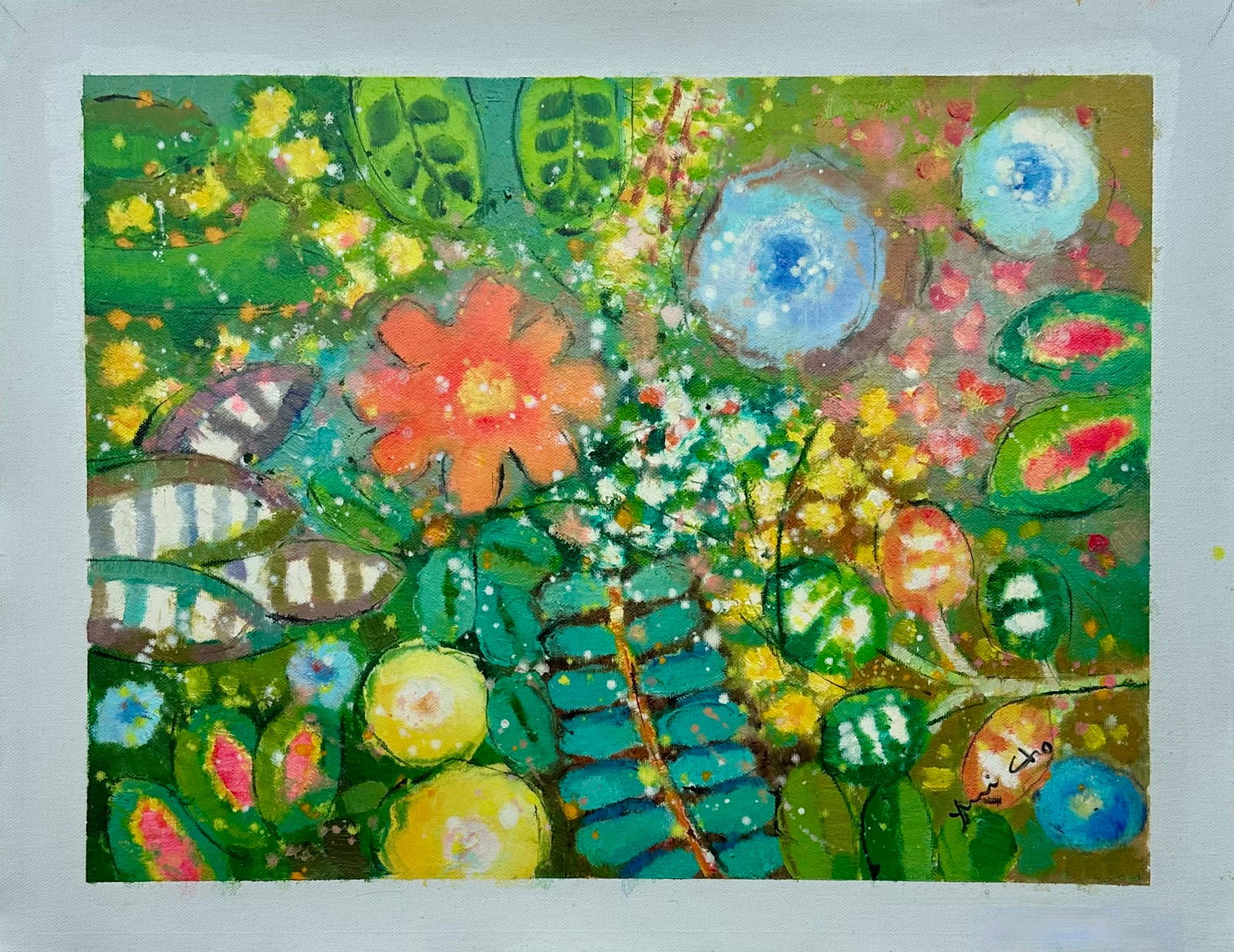 Vibrant Abstract Floral Painting on Canvas, Unstretched, by Youn Cho - 5