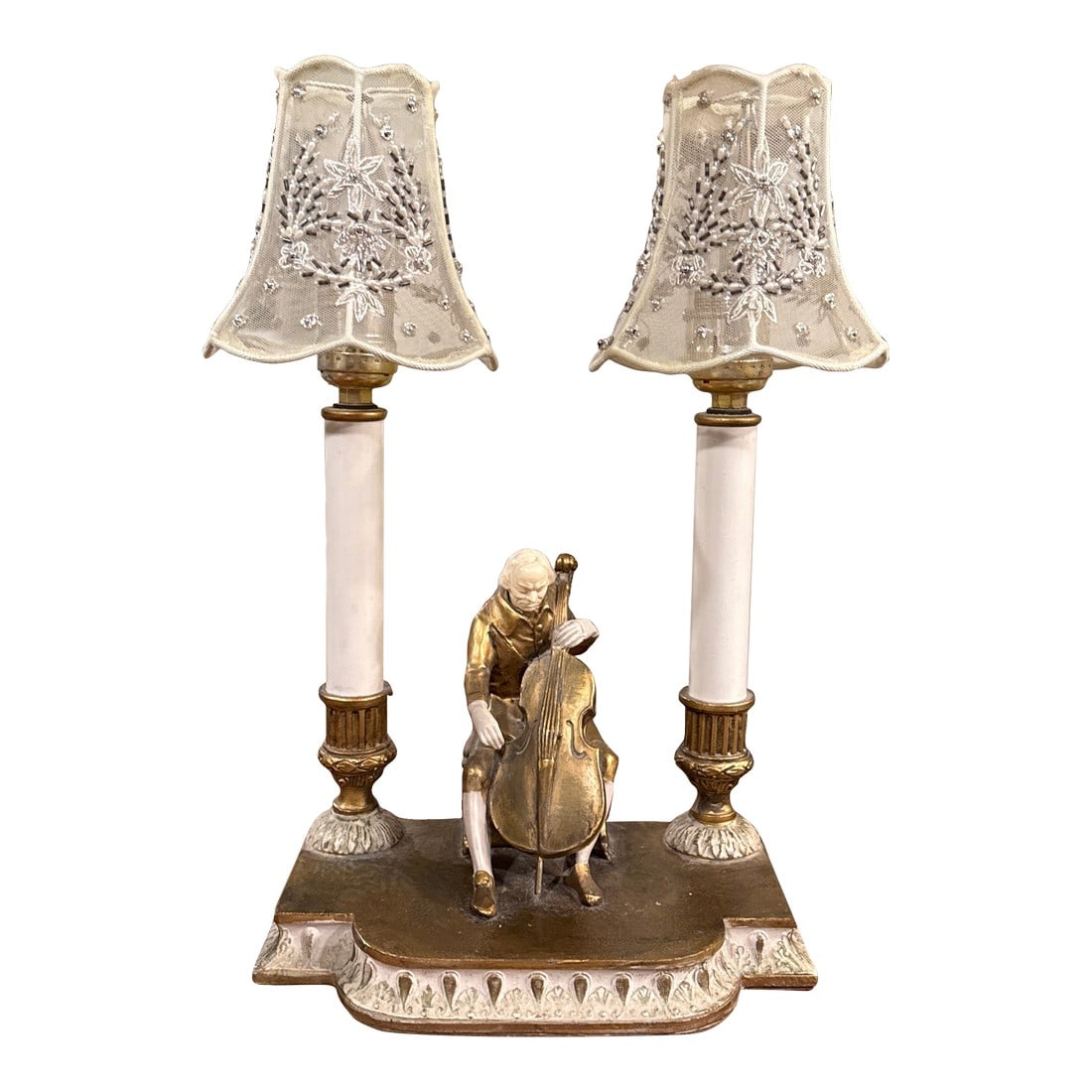 1930's Rare Elegant Gilded Twin Candlestick Lamp: This elegant little lamp was produced in 1932 by the JB Hirsch company, and was designed by sculpter John Ruhl. It is stamped on the back as seen in the last photo. It is probably cast in spelter, and
