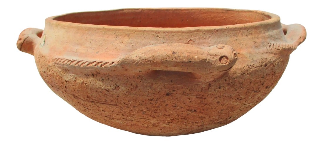 Guatemalan Handmade Terra Cotta Planter: Handmade terra cotta bowl with 4 balance lizard handles. The bowl, having a handmade body and natural bowl bottom. handles formed by 4 lizard forms at compass points for a symmetrical balance to the