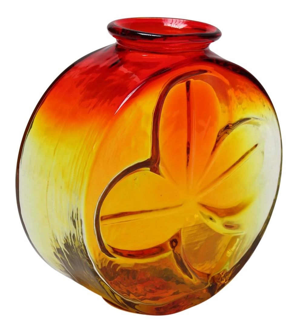 Amberina / Tangerine Blown Glass "Clover" Vase by Joel Myers for Blenko: Blown glass vase designed in the 1960s by Joel Myers for Blenko (model number 6322). Etched clover / shamrock decoration with an attractive amberina / tangerine palette with red and yellow meeting to