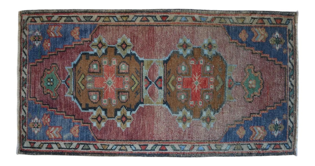 Handmade Small Turkish Rug 1970s Vintage Doormat Entryway Decor - 1' 8" X 3' 2": Vintage Turkish Hand-Knotted Small Rug from Oushak, 1970s. Authentic rosewood pink mini rug featuring timeless Anatolian motifs "” perfect for entryways, kitchens, or bedside accents. Vintage Tu