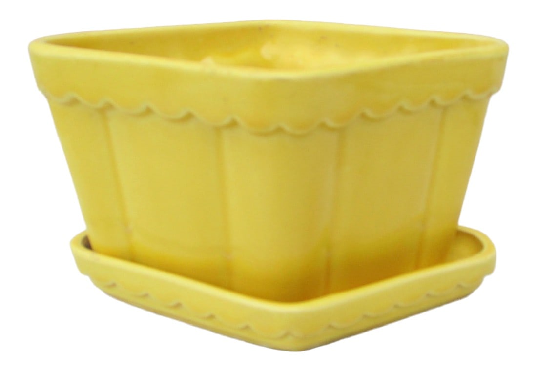 Vintage 1930s Yellow Art Deco Ceramic Planter: Diamond-shaped bright yellow art deco ceramic planter, Scalloped rim, and scalloped drain tray. Constructed in one piece, the drain allows watering to escape to the lower tray and dry out. The