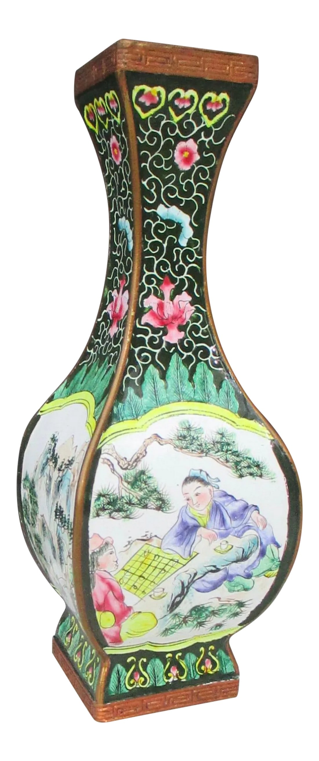 1950s Chinese Peking Copper and Enamel Square Vase: Chinese enamel on copper handpainted vase. Four-sided construction with four scenes around the sides. Interior and base covered in bright yellow-green enamel. Very nicely detailed painted designs in