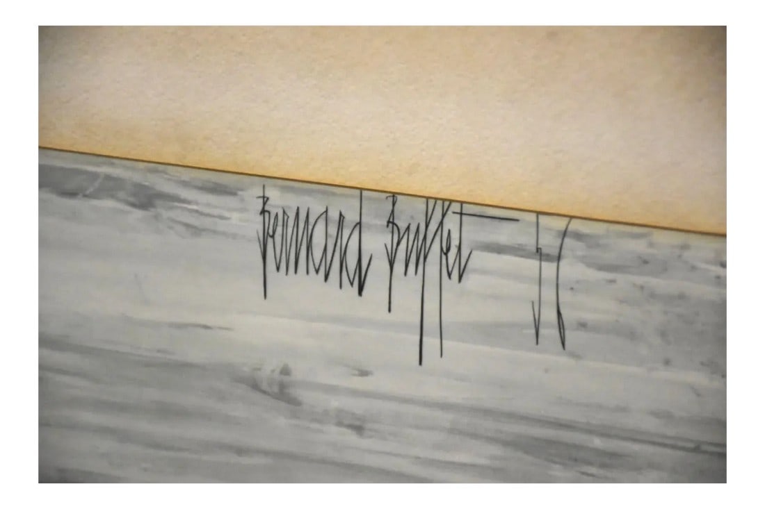 Paris Lithograph by Bernard Buffet: Bernard Buffet was a French artist born in 1928, who's work is often depicted in somber color pallets. His work has been interpreted as the emotional state of the post war generation. This piece is a