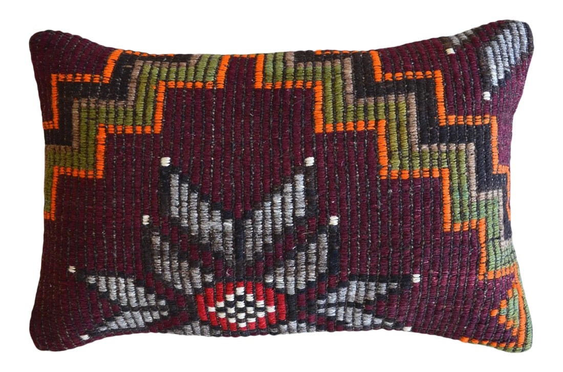 1970s Turkish Kilim Lumbar Pillow Cover: Material: wool on cotton. Made from vintage flat weave Turkish kilim rug. Back side fabric cotton Condition: new from old kilim rugs Note: Insert in not included. For demonstration only Condition: