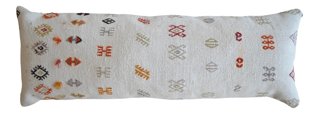 1970s Turkish Kilim Lumbar Handmade Wedding Pillow Cover: Material: wool on cotton. Made from vintage flat weave Turkish kilim rug. Back side fabric cotton Condition: new from old kilim rugs Note: Insert in not included. For demonstration only. Condition: