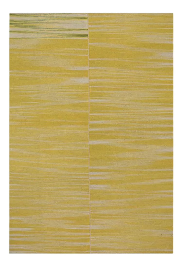 Handwoven Flatweave Scandinavian Style Persian Kilim Area Rug 4'4" X 6'3": ACTUAL SIZE: 4'4"³ x 6'3"³ PRIMARY COLOR: Yellow / Ivory AGE: New MATERIALS: Wool FOUNDATION: Cotton PRODUCTION: Handwoven, Flat Weave CONDITION: Excellent Condition: Imperfections: