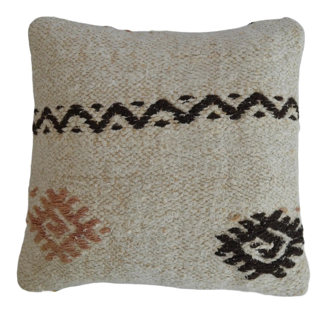 Primitive Pattern Turkish Kilim Rug Pillow Cover: Dimensions: 16" x 16" Material : Hemp on hemp. Made from Vintage hemp kilim rug. Back side is high quality cotton Condition: New from Vintage flat Weave rugs Please note: Insert not included. Cover on
