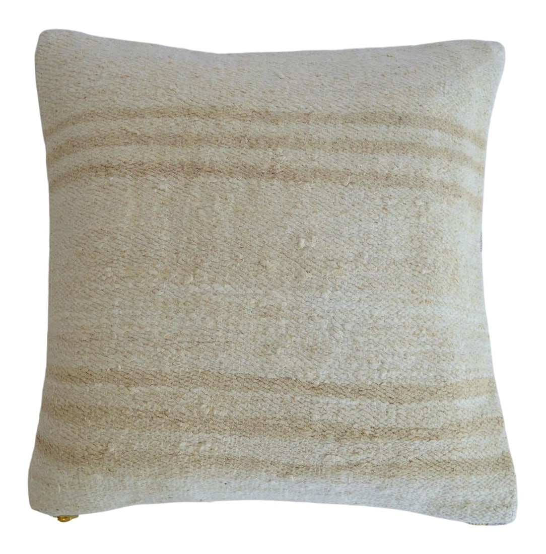 Vintage Handmade Hemp Kilim Rug Pillow Cover: Dimensions: 16" x 16" Material : Hemp on hemp. Made from antique Turkish hemp rug. Back side high quality cotton fabric. Condition: New from old kilim rugs Please note: Insert not included. Cover