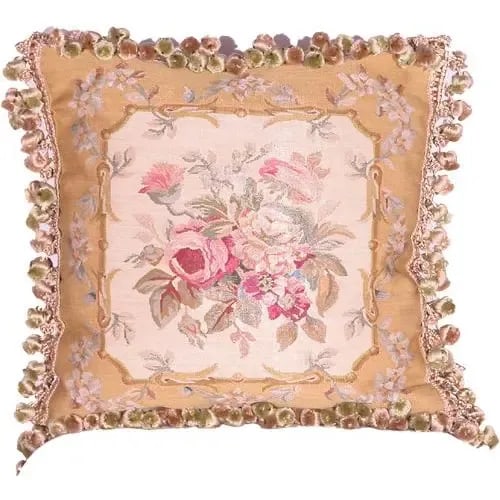 Vintage Silk Pillow With Floral Design on a Yellow Background Accented With Silk Tassel Fringe - 11