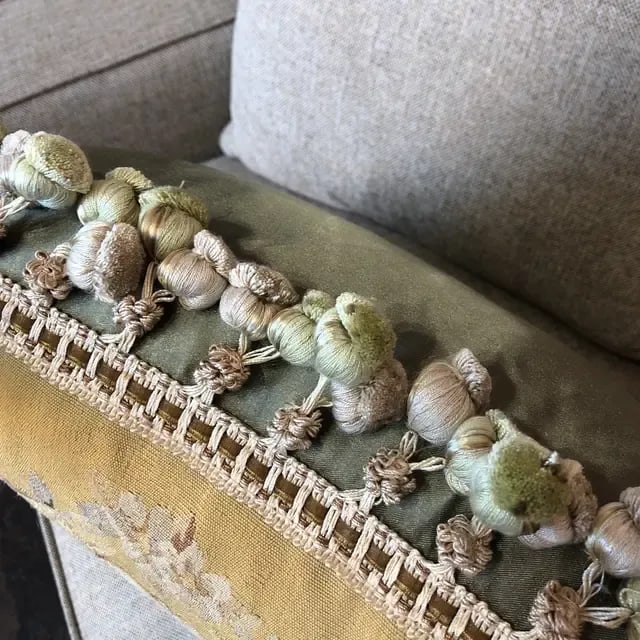 Vintage Silk Pillow With Floral Design on a Yellow Background Accented With Silk Tassel Fringe - 5