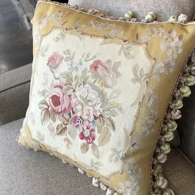 Vintage Silk Pillow With Floral Design on a Yellow Background Accented With Silk Tassel Fringe - 6