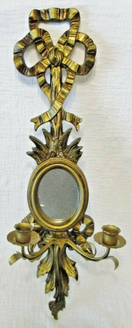 1960s Vintage Italian Giltwood Bow Top Botanical Decor Mirror Two Candle Wall Sconce - 11