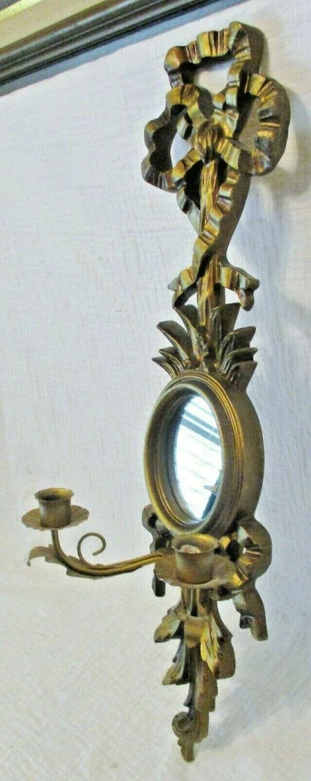 1960s Vintage Italian Giltwood Bow Top Botanical Decor Mirror Two Candle Wall Sconce - 2