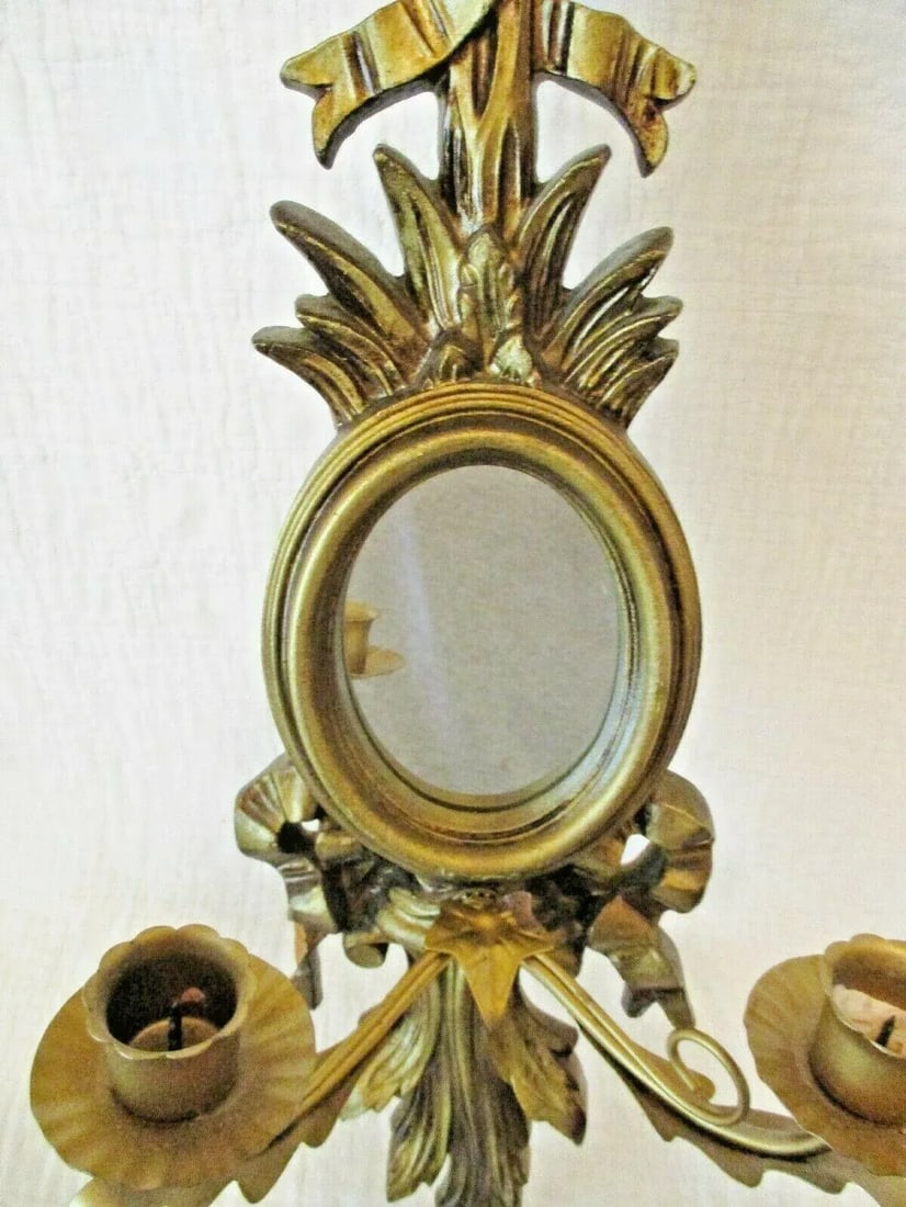 1960s Vintage Italian Giltwood Bow Top Botanical Decor Mirror Two Candle Wall Sconce - 5