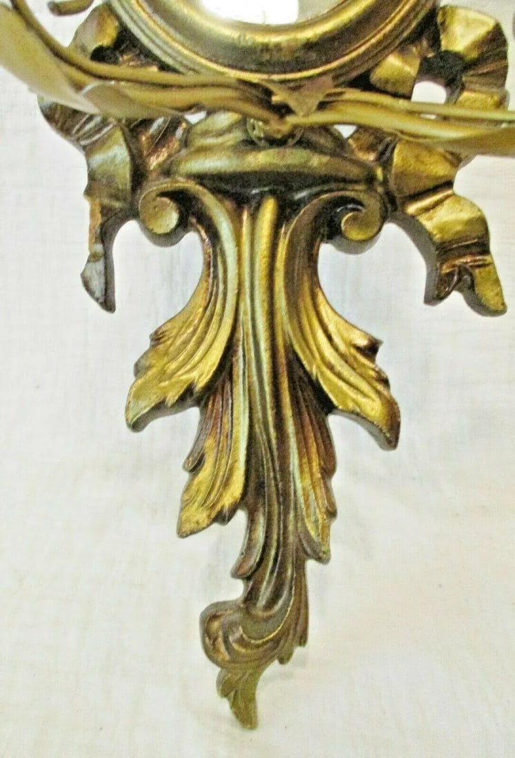 1960s Vintage Italian Giltwood Bow Top Botanical Decor Mirror Two Candle Wall Sconce - 7