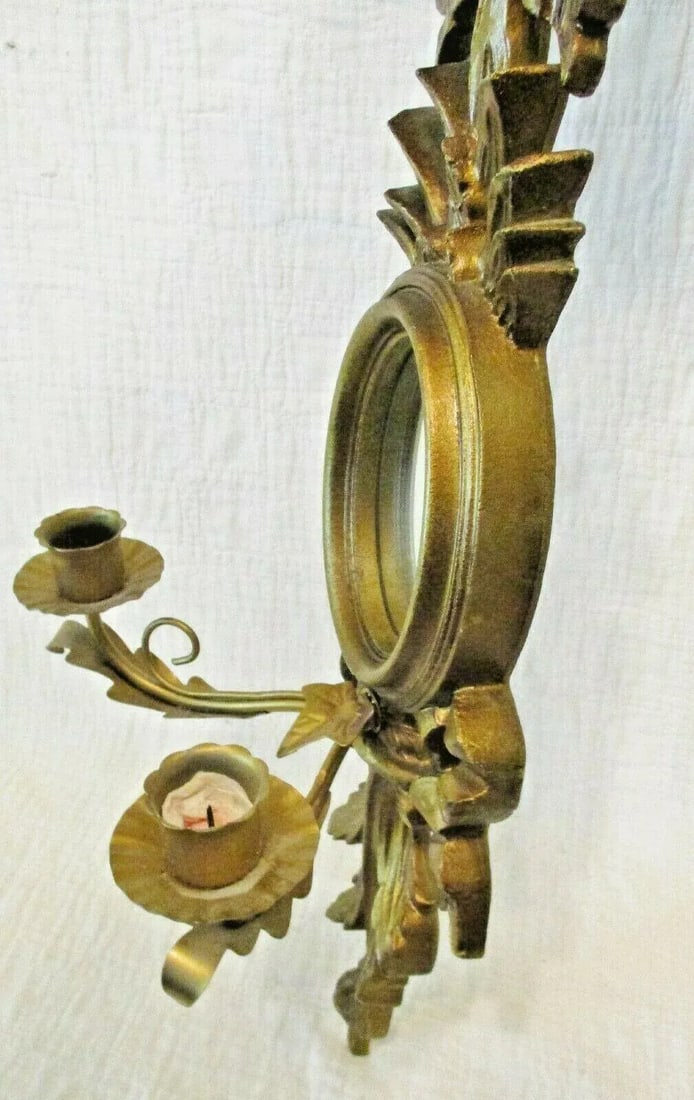 1960s Vintage Italian Giltwood Bow Top Botanical Decor Mirror Two Candle Wall Sconce - 8