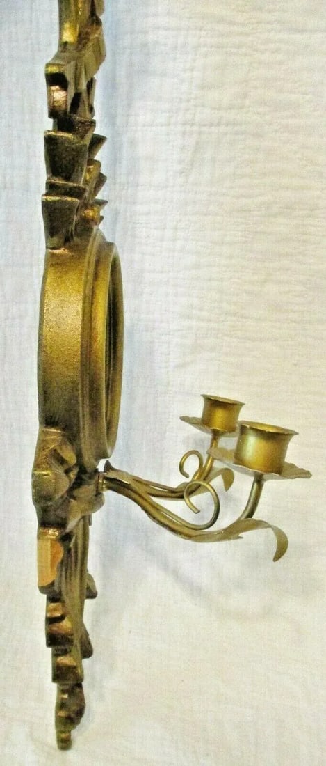 1960s Vintage Italian Giltwood Bow Top Botanical Decor Mirror Two Candle Wall Sconce - 9