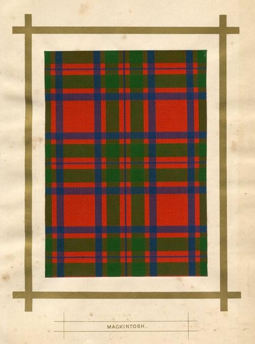 1887, Scottish Tartan Print, Mackintosh Clan, Original Color Lithograph: Original color lithograph featuring the tartan design for the Mackintosh clan. From a late 1800s history of Scottish clans. This print is carefully packaged in an archival plastic sleeve with