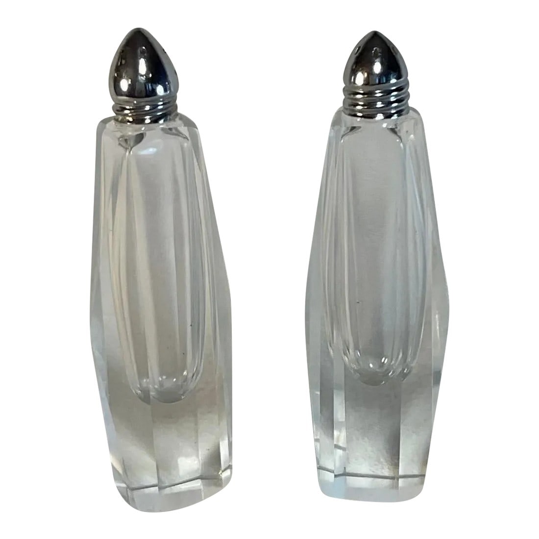 1950s Mid-Century Art Deco Tall Cut Crystal Glass Salt & Pepper Shakers- a Pair: Tall fine angular cut crystal salt and pepper shakers with chrome screw tops. Very clean (not foggy) elegant and sleek in a Art Deco form. Condition: Alterations: Original Condition Unaltered Imperfec