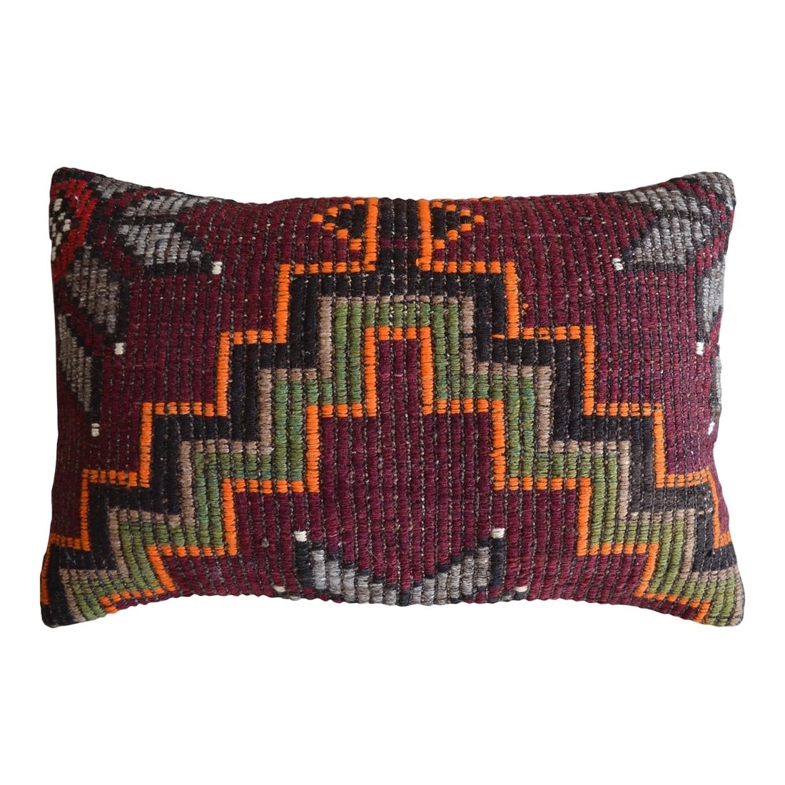 1970s Turkish Kilim Lumbar Pillow Cover: Material: wool on cotton. Made from vintage flat weave Turkish kilim rug. Back side fabric cotton Condition: new from old kilim rugs Note: Insert in not included. For demonstration only Condition: