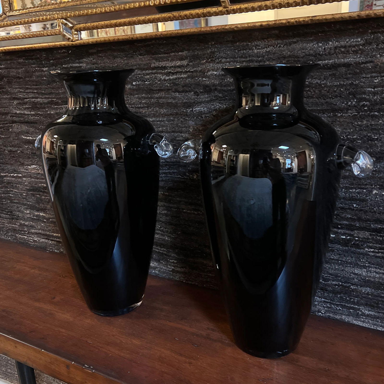 Vintage Hand-Blown Glass Vase in Ebony With Clear Handles- a Pair - 12