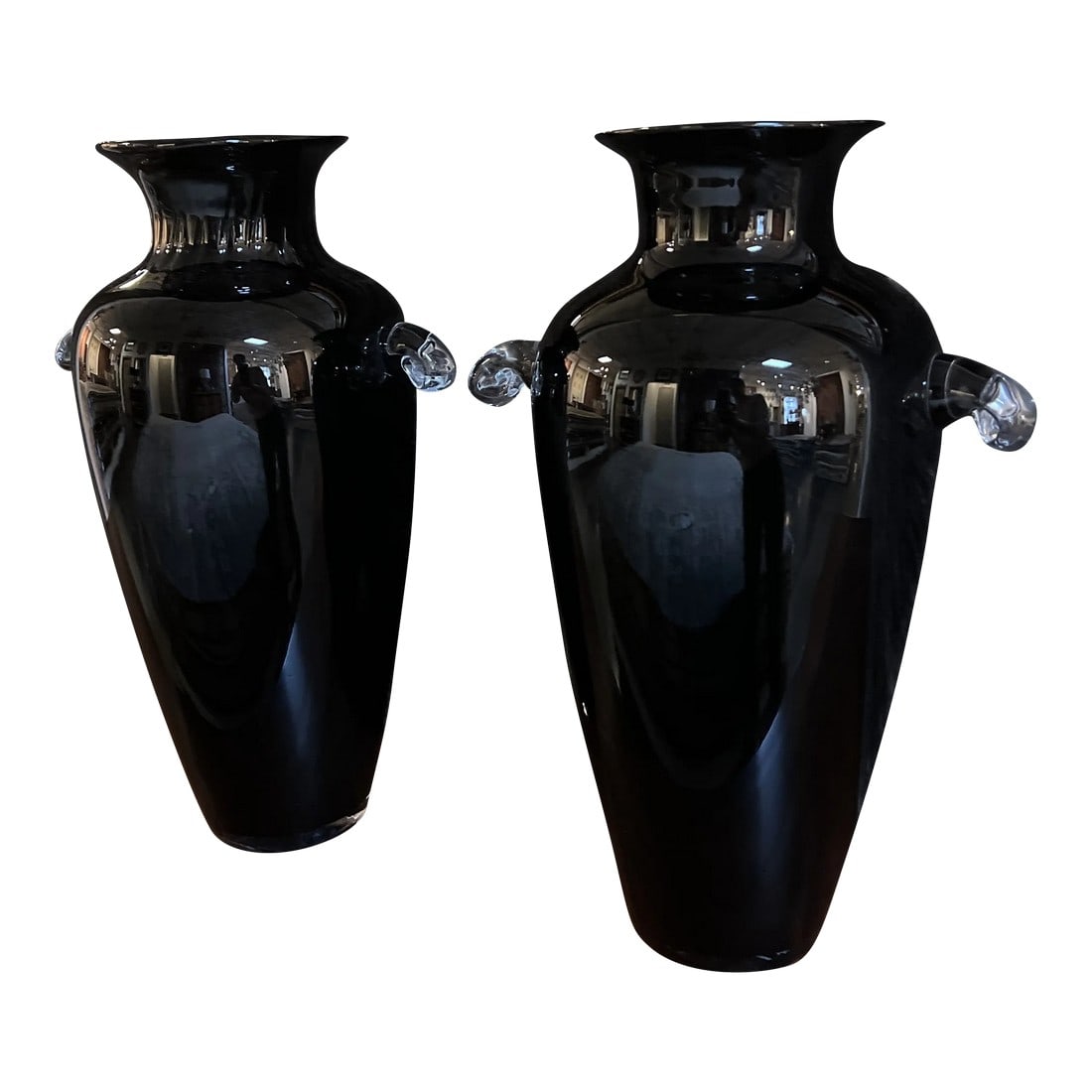 Vintage Hand-Blown Glass Vase in Ebony With Clear Handles- a Pair (1 of 12)