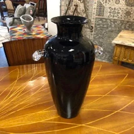 Vintage Hand-Blown Glass Vase in Ebony With Clear Handles- a Pair - 2