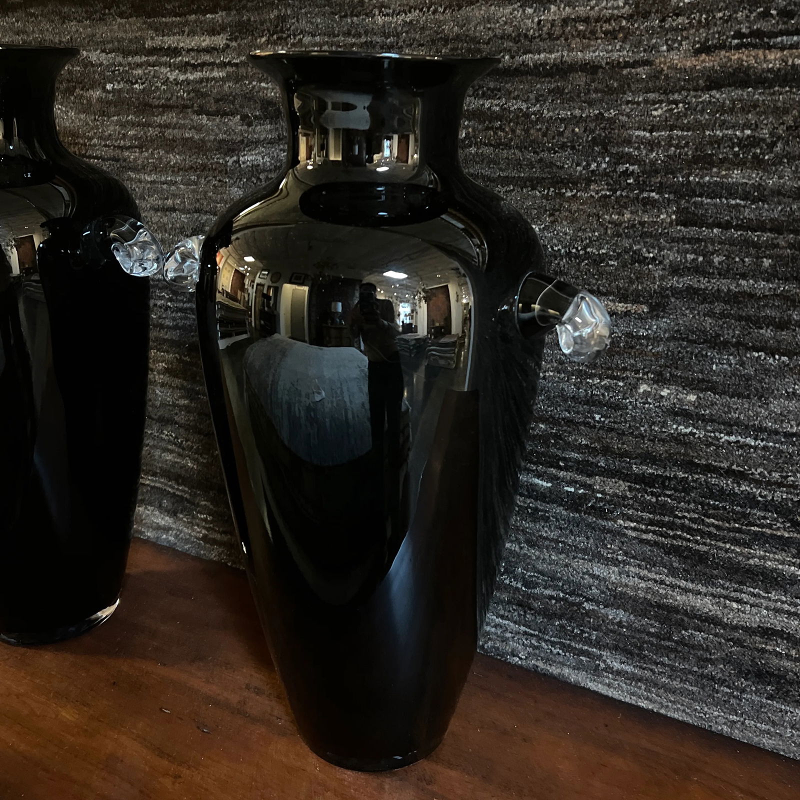 Vintage Hand-Blown Glass Vase in Ebony With Clear Handles- a Pair - 3