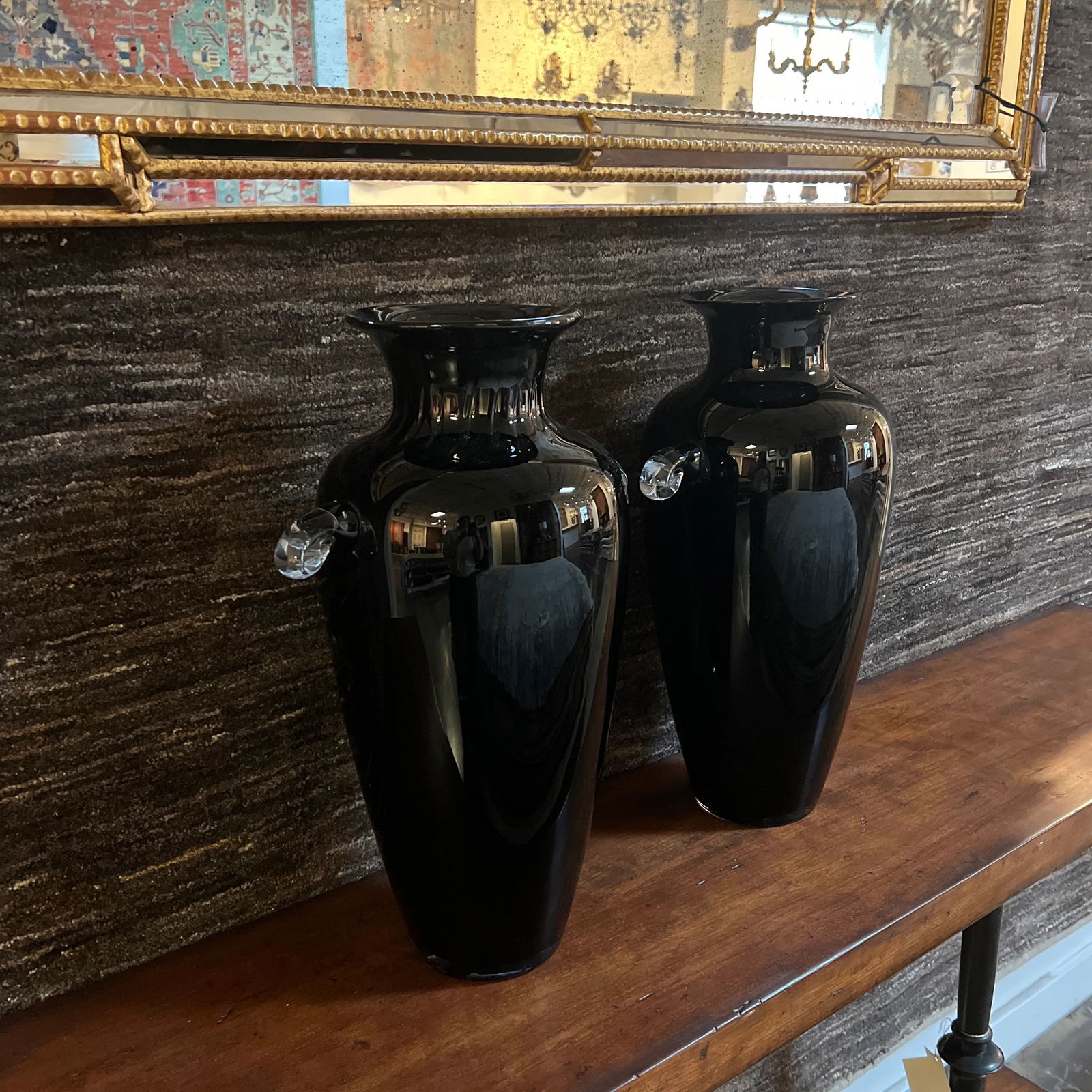 Vintage Hand-Blown Glass Vase in Ebony With Clear Handles- a Pair - 8