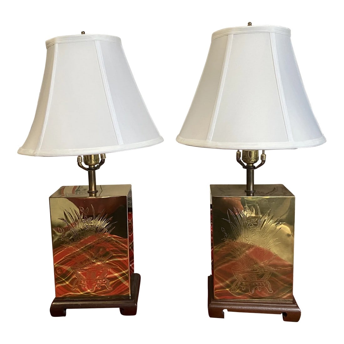 1970s Brass Box Lamps With White Lamp Shades - a Pair (1 of 9)