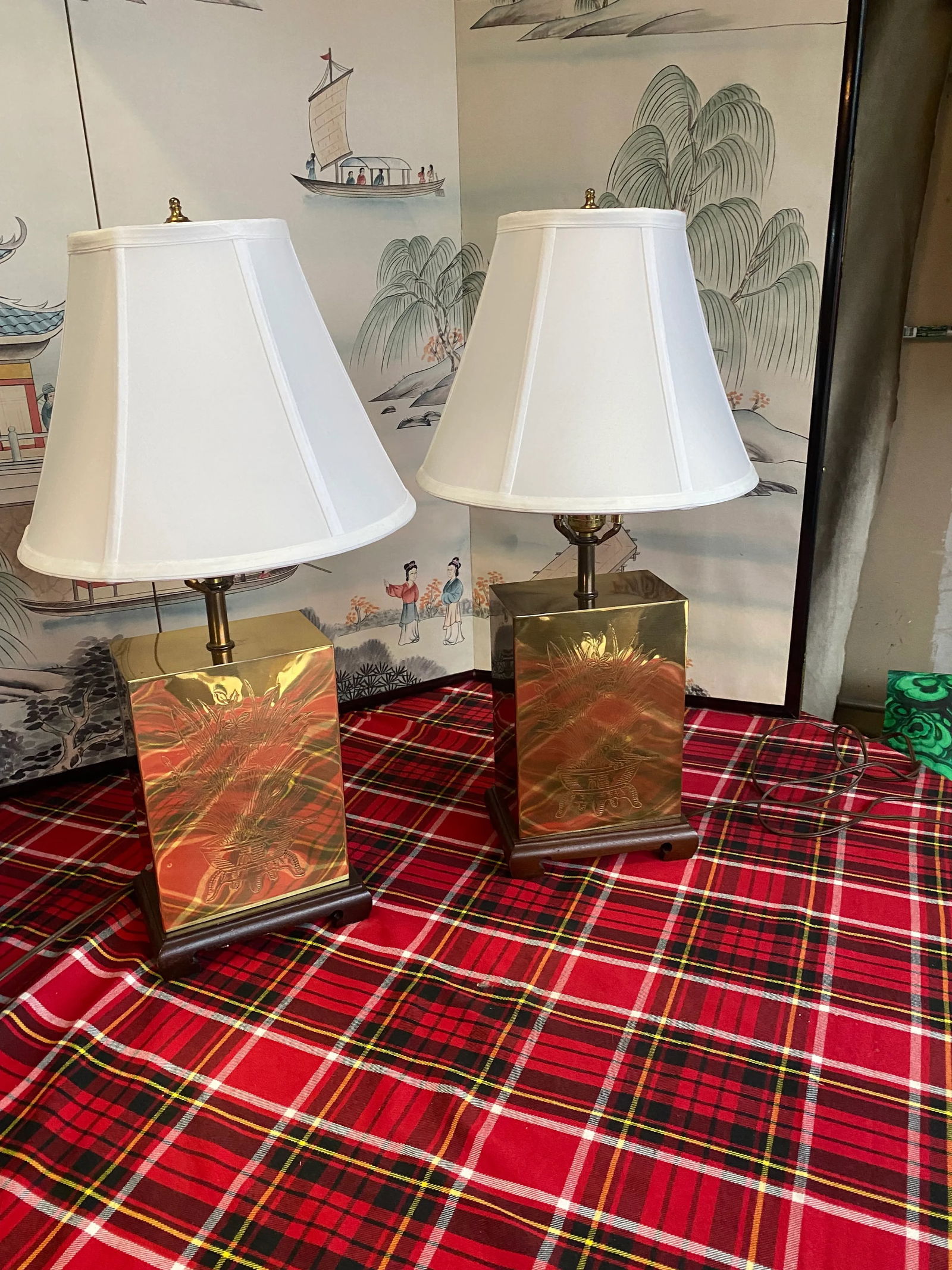 1970s Brass Box Lamps With White Lamp Shades - a Pair - 2