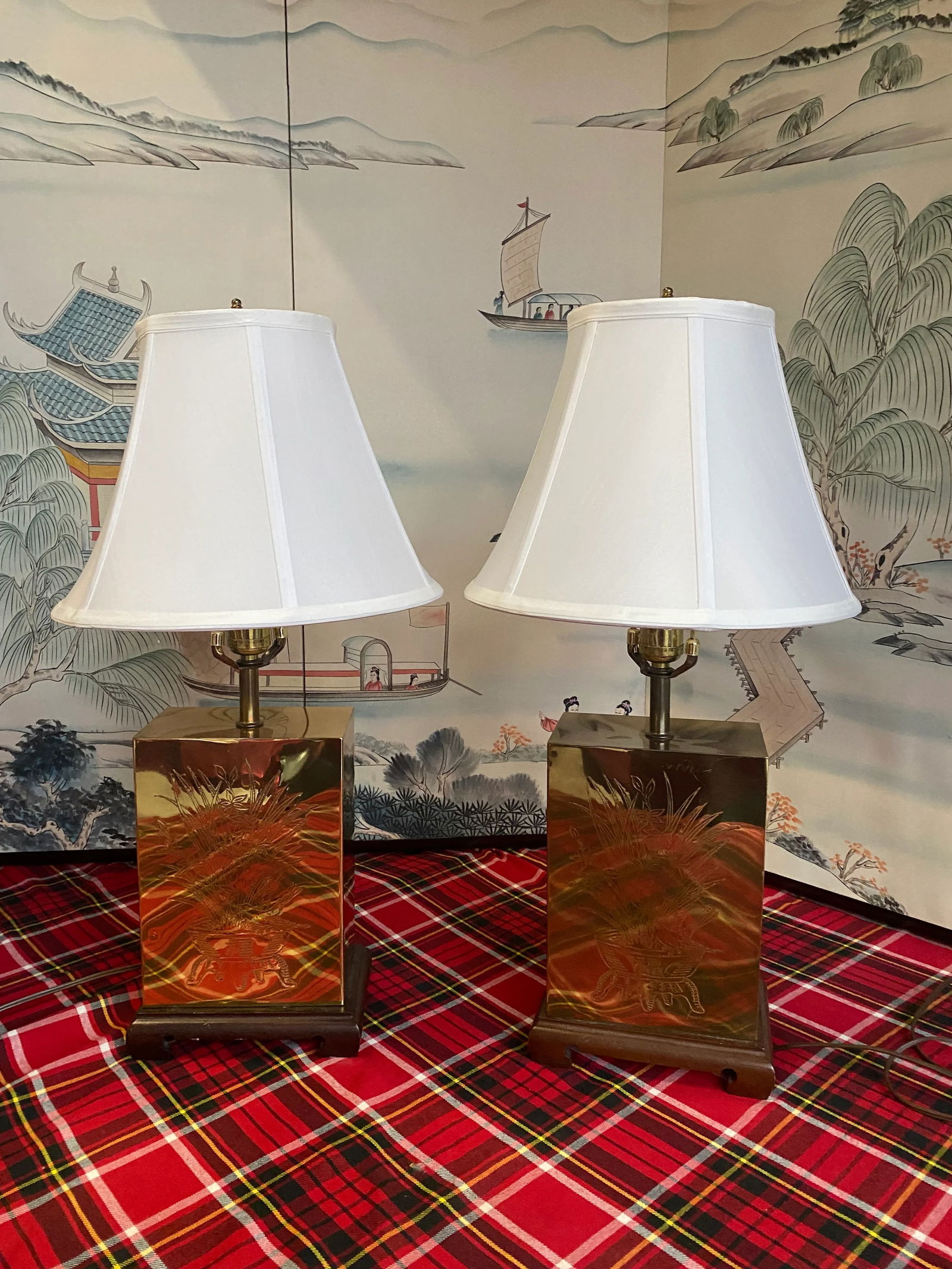 1970s Brass Box Lamps With White Lamp Shades - a Pair - 6