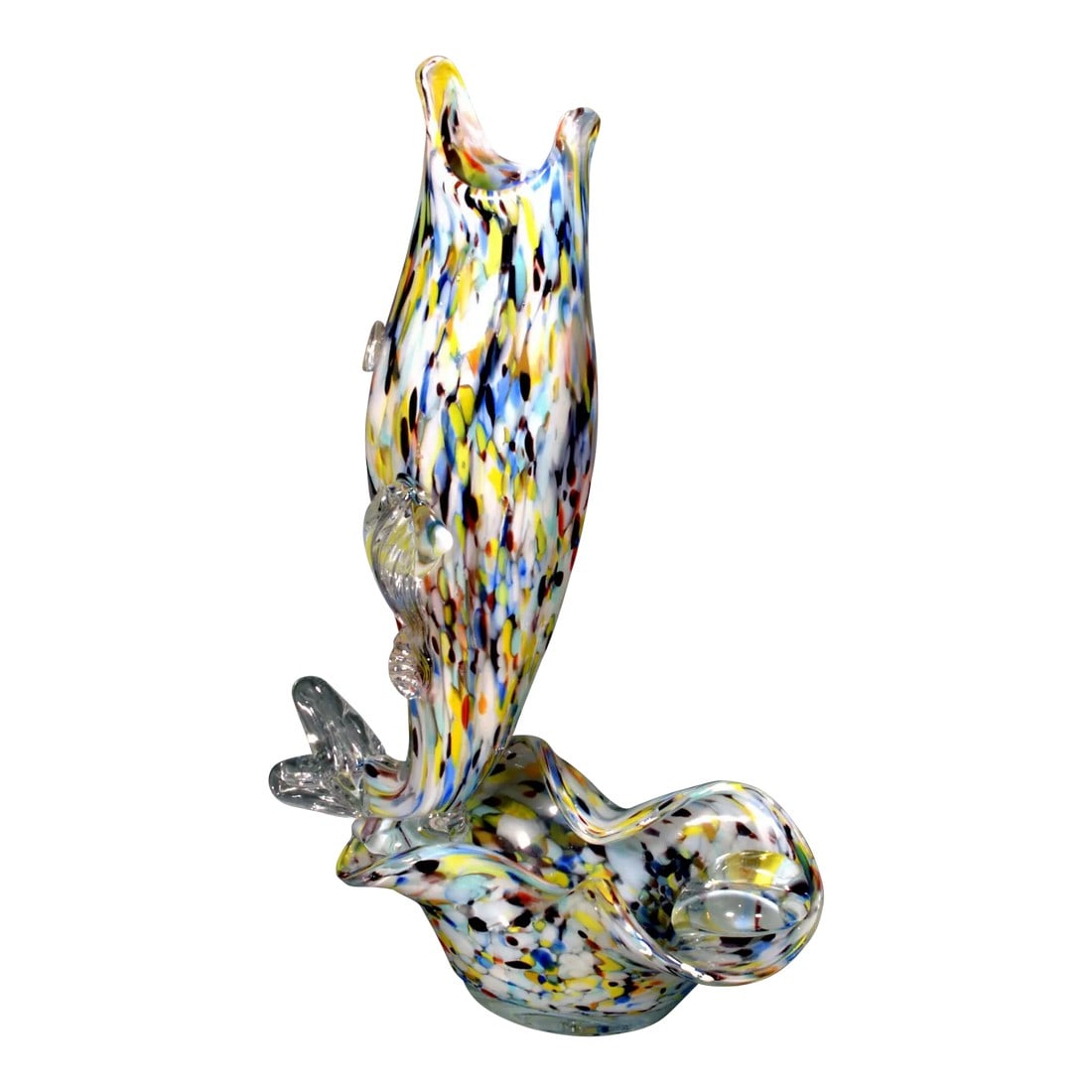 1960s Italian Murano End of Day Fish Sculpture Ashtray: Italian Murano End of Day Fish Sculpture Ashtray 1960's. The vase, is in the form of a fish, with multi-colored strands of colored glass. The fins and tail in clear glass form the support. "End of Day
