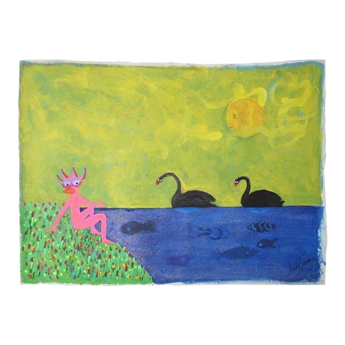 1999 "Habitat in Harmony" Neo Expressionist Folk Art Painting on Mixed Media by Julie Hermoso