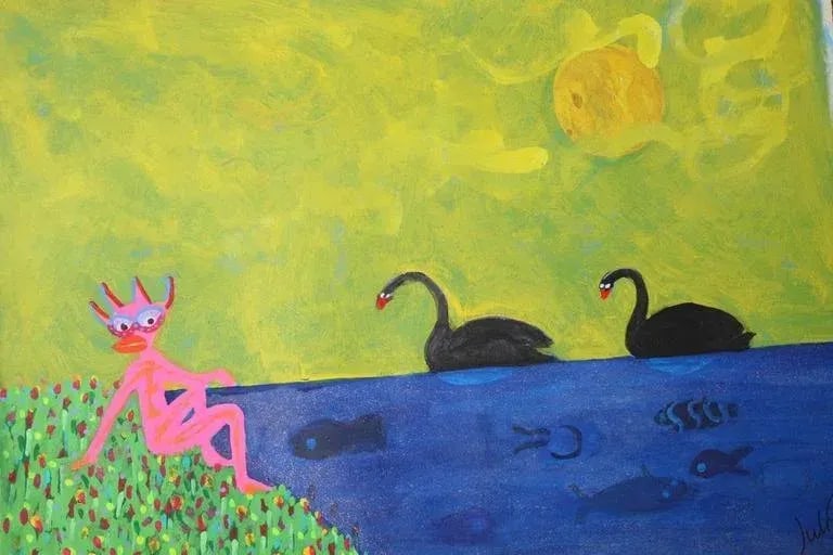 1999 "Habitat in Harmony" Neo Expressionist Folk Art Painting on Mixed Media by Julie Hermoso - 9